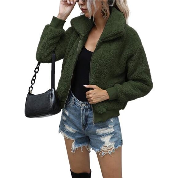 Women's Short Faux Fur Coat Jacket with Pockets Green - Picture 1 of 4